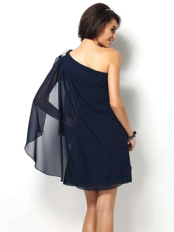 Weitese A-Line one-shoulder short chiffon bridesmaid dress.