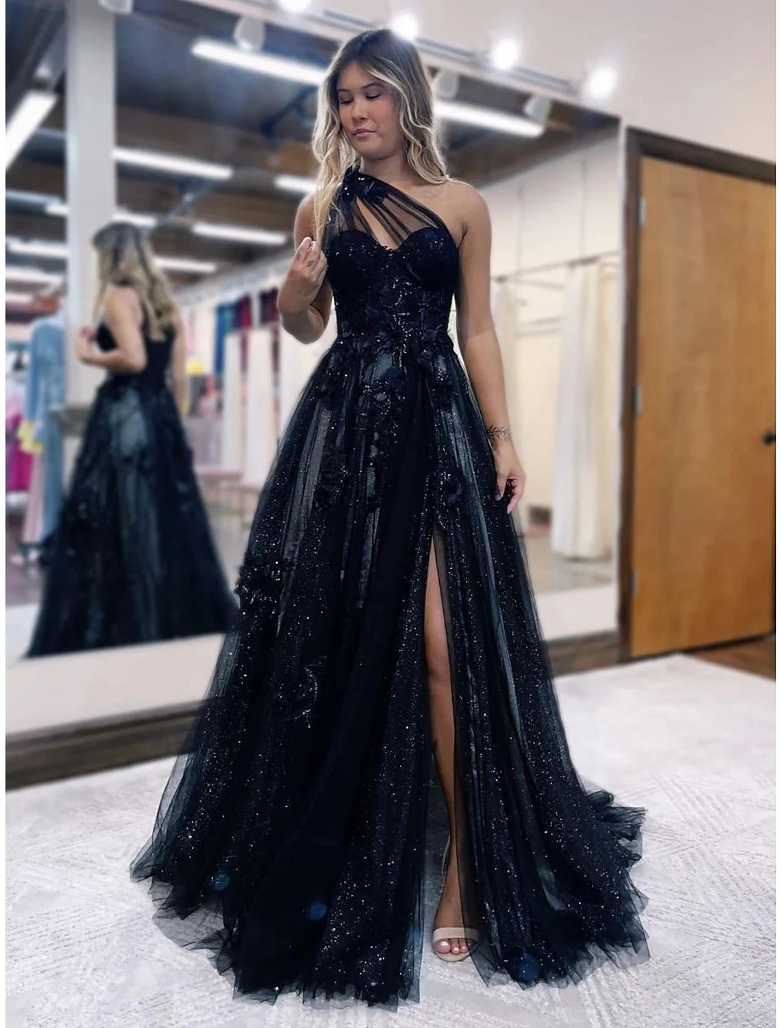 Full view of the Weitese A-Line one-shoulder prom dress with color block, pleats, and appliques.