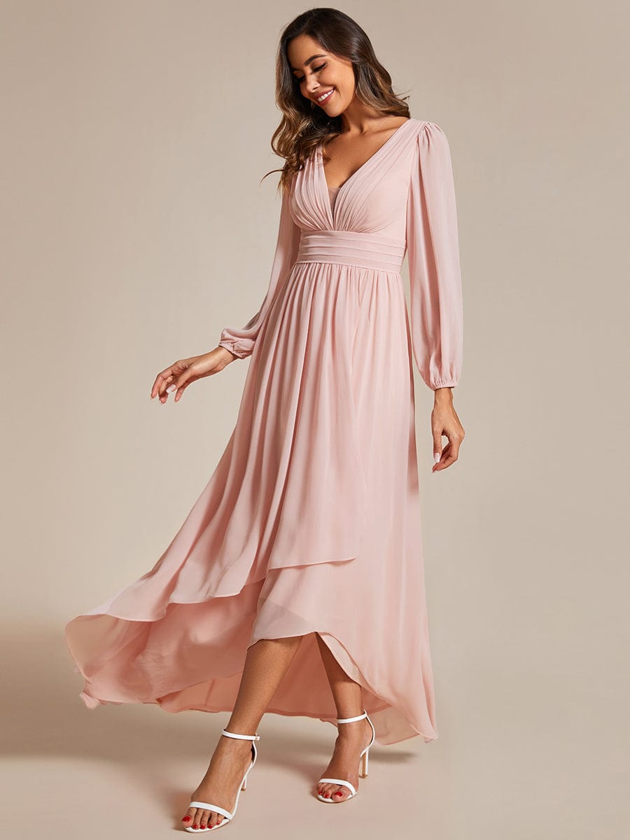 Side view of the pink Weitese A-line bridesmaid dress with elegant pleats.
