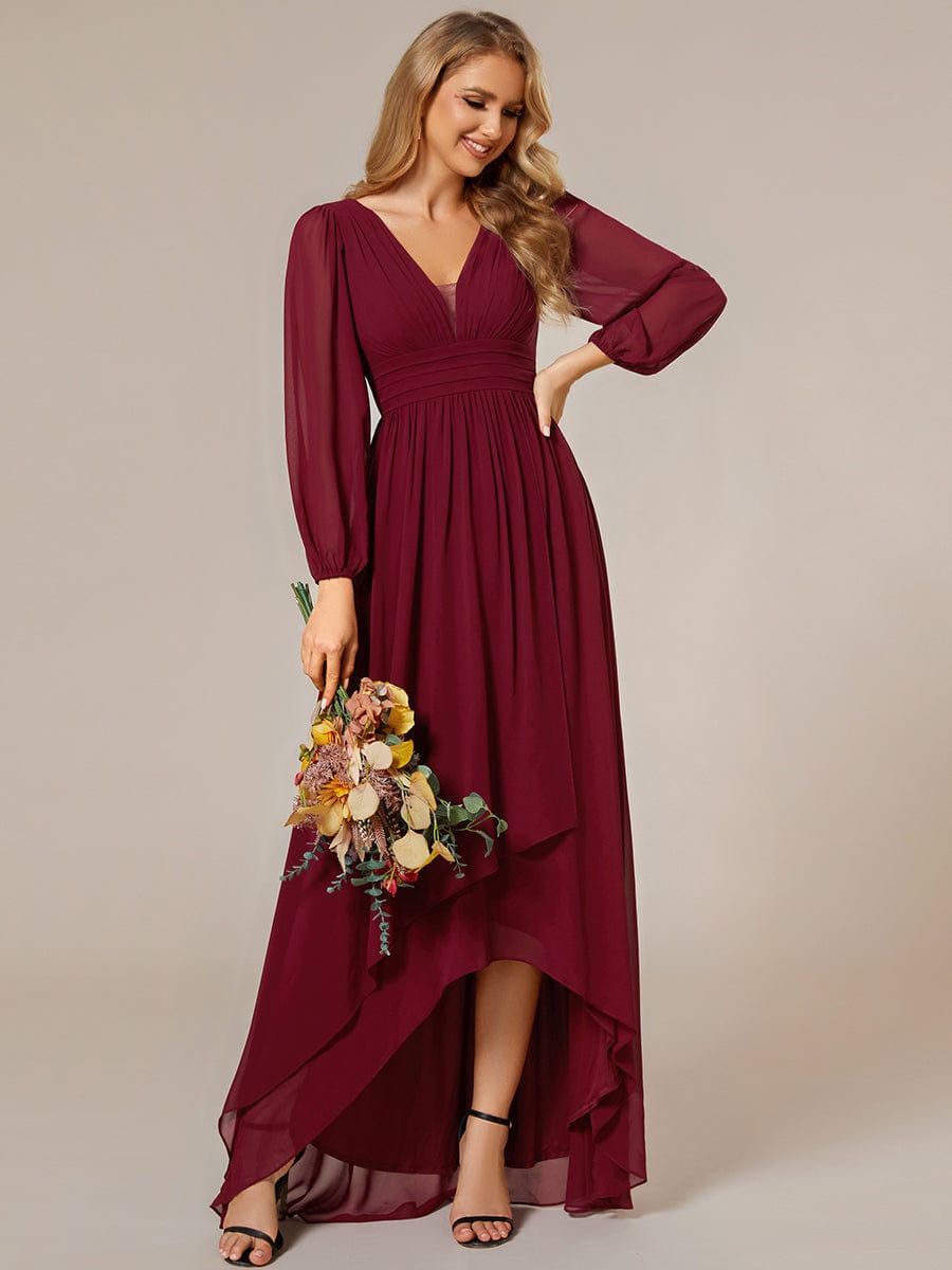 Model wearing a blue Weitese A-line pleated chiffon midi bridesmaid dress.