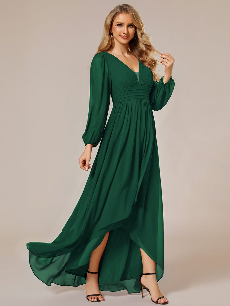 Model wearing a dark green Weitese A-line pleated chiffon midi bridesmaid dress.