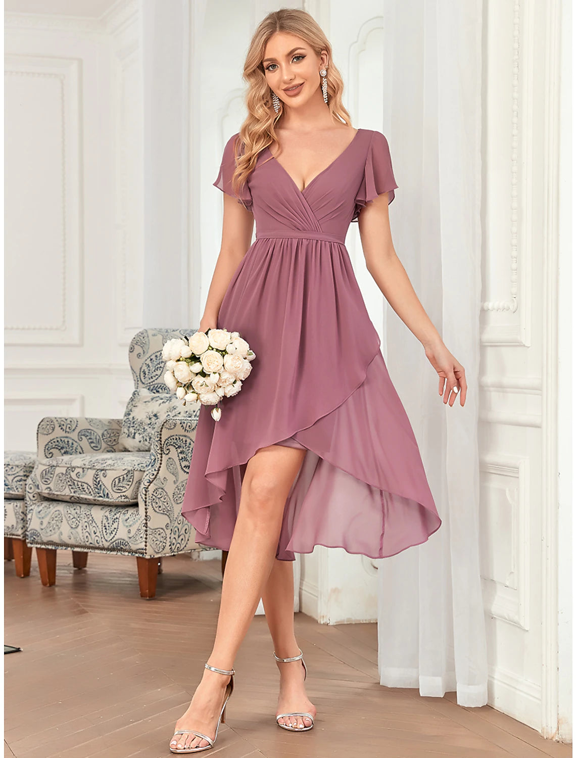 Model wearing an elegant A-line plunging neck short chiffon bridesmaid dress.