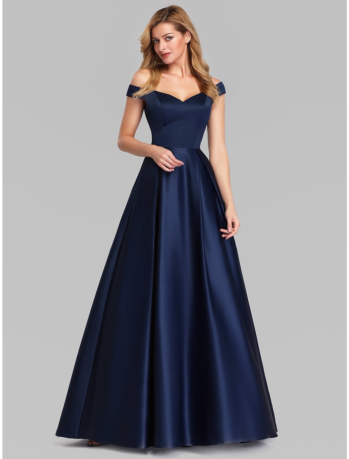 Elegant A-Line satin evening gown with plunging neck and ruched detail, front view.