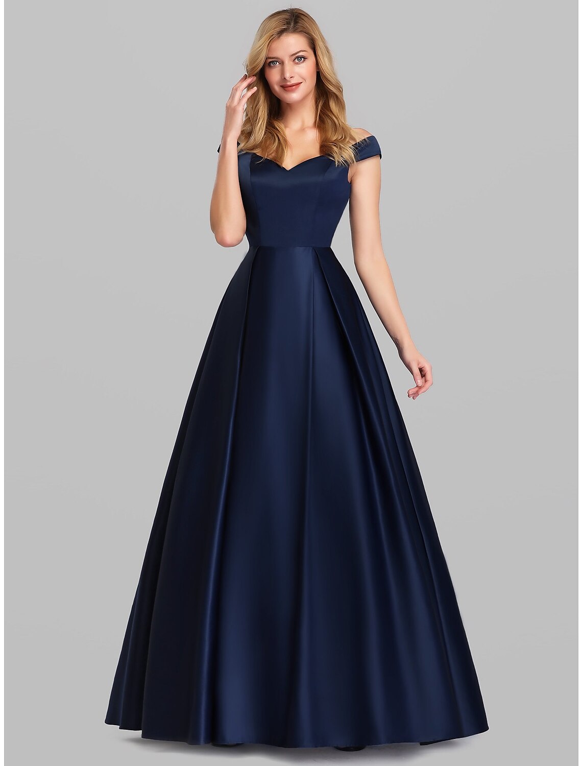 Back view of the floor-length satin formal dress with ruched detail.
