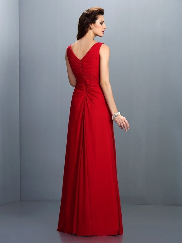 Side view of a Weitese A-Line Princess chiffon bridesmaid dress, highlighting the flowing skirt and pleated details.