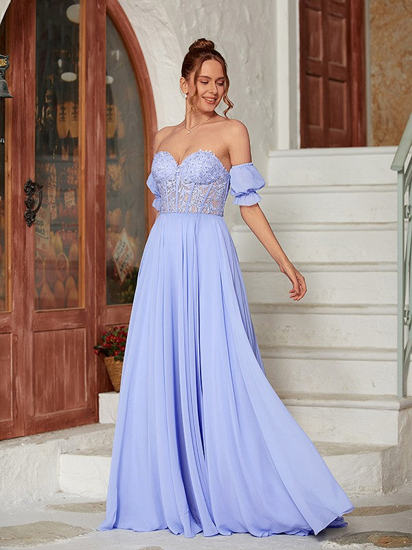 Back view of the elegant A-line princess prom dress, showcasing the flowing chiffon skirt.