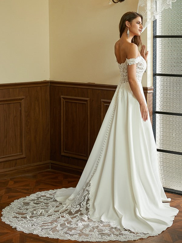 Back view of the Weitese A-Line Princess wedding dress, showing court train and lace details.