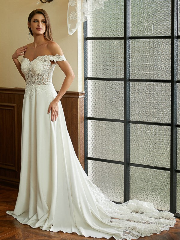 Side view of the Weitese A-Line Princess wedding dress, showcasing the silhouette and train.
