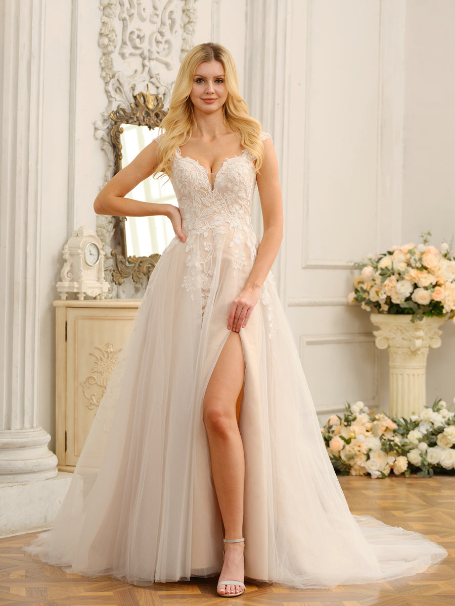 Weitese A-Line Princess wedding dress with appliques and split side.
