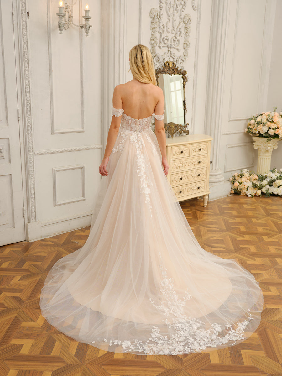 Side view of Weitese A-Line Princess wedding dress, highlighting the split.