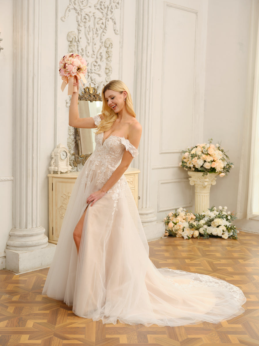 Model showcasing the flow and elegance of the Weitese A-Line Princess wedding dress.
