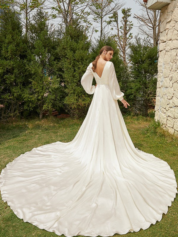 Back view of Weitese A-Line Princess wedding dress showing cathedral train.