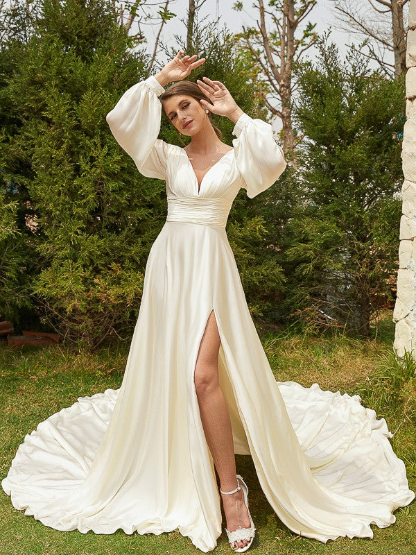 Full length view of Weitese A-Line Princess bridal gown with elegant drape.