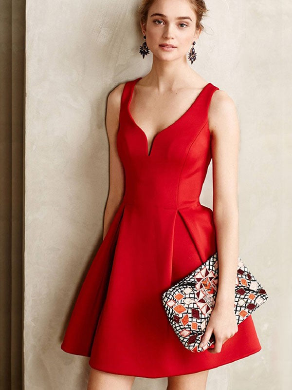 Woman wearing a Weitese A-Line satin mini dress with ruffles and V-neck.