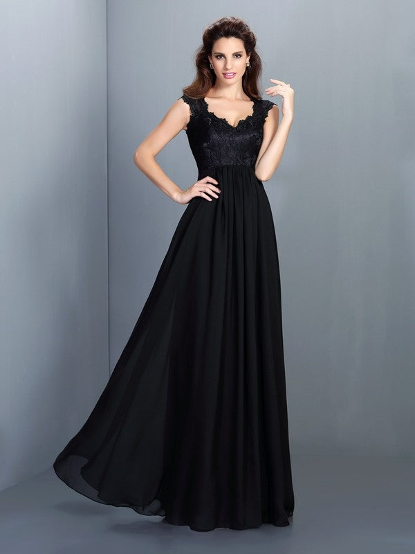 Weitese A-Line Princess scoop neck lace chiffon long bridesmaid dress.