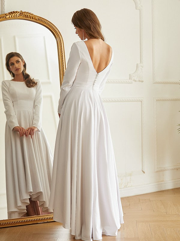 Back view of Weitese A-Line Princess wedding dress with asymmetrical ruffles.