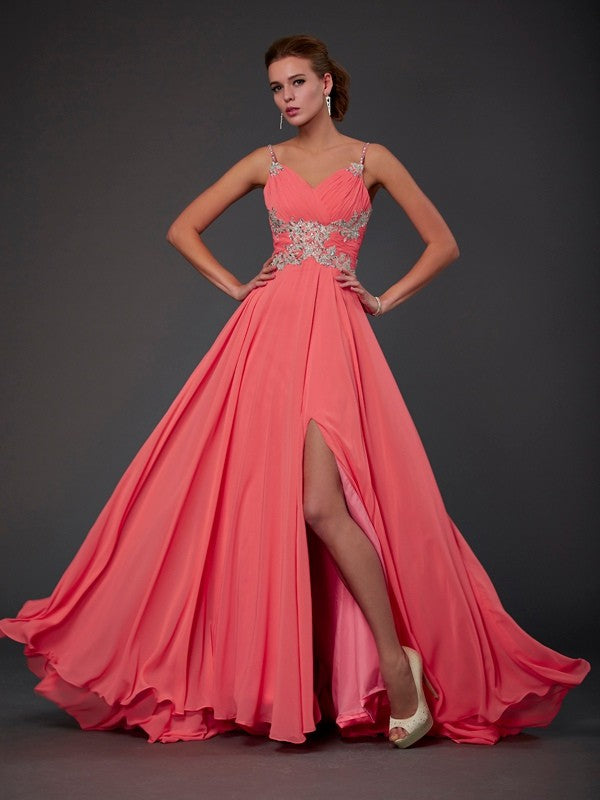 Elegant A-line scoop neck sleeveless chiffon dress with lace details.