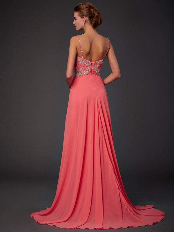 Full view of the A-line princess chiffon gown with a sweep train.