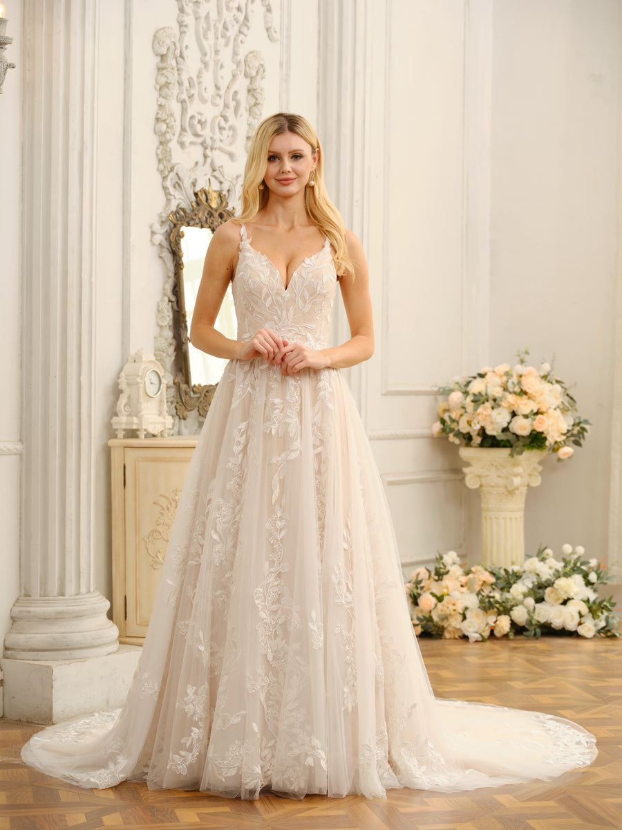Bride posing gracefully in the Weitese A-line princess wedding gown.