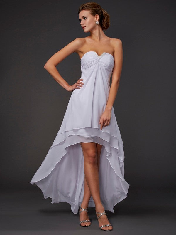 Weitese A-Line Princess sweetheart ruffled high-low chiffon cocktail dress, front view.