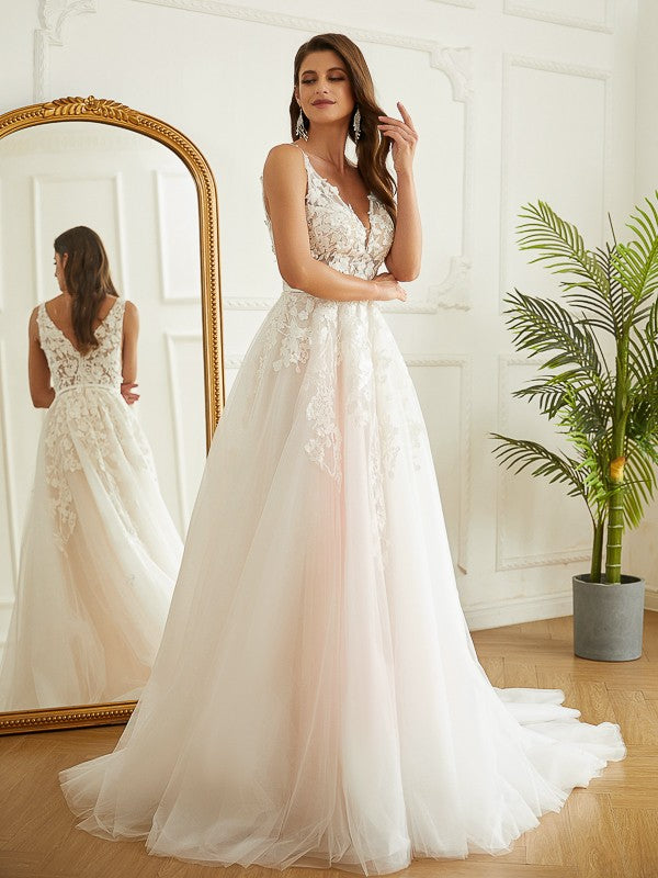 Side profile of the A-Line Princess wedding dress, showcasing its elegant silhouette and train.
