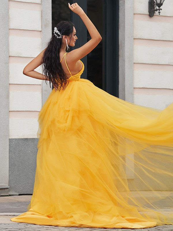 Side view of A-Line Princess Tulle Prom Dress with delicate ruffles.