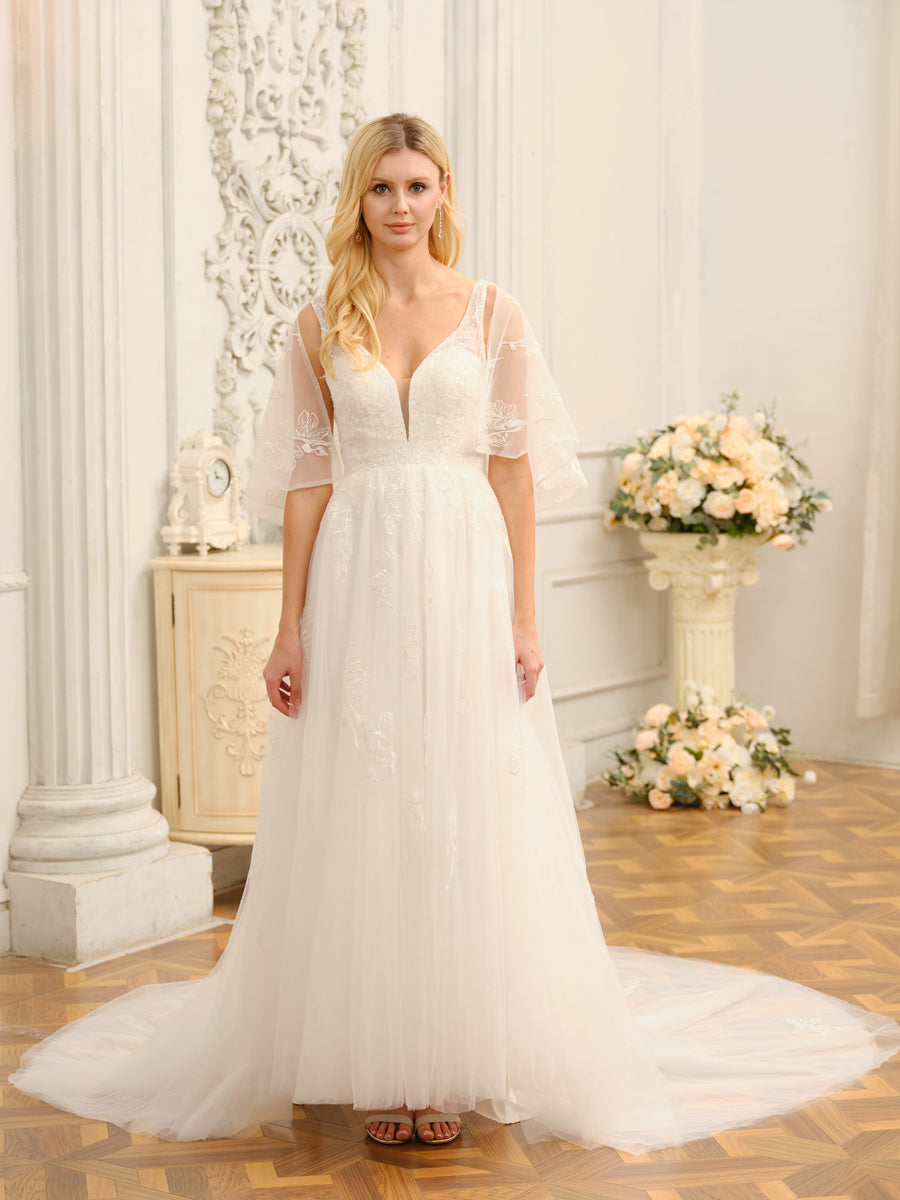 Weitese A-Line Princess V-Neck wedding dress with half sleeves and appliques.