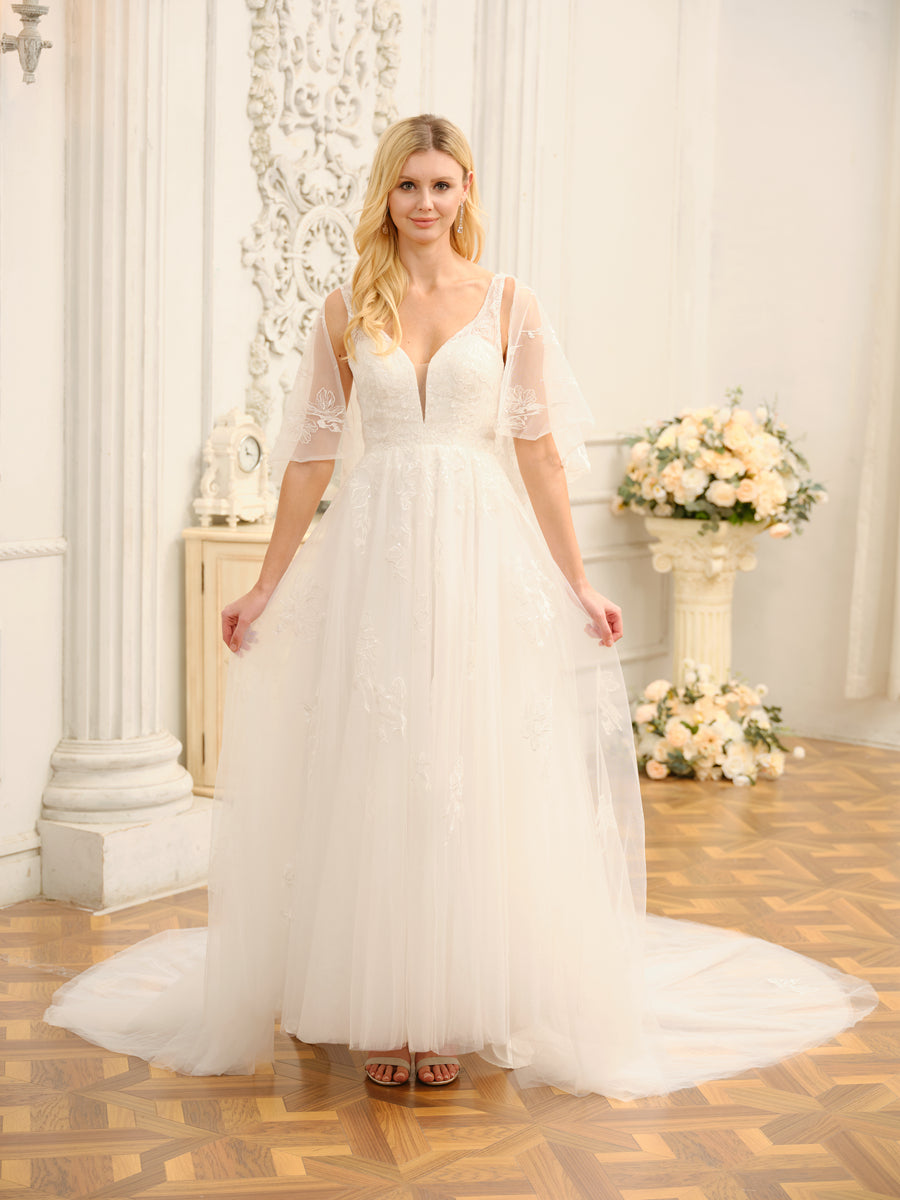 Back view of the Weitese A-Line wedding dress, featuring a modest back and appliques.