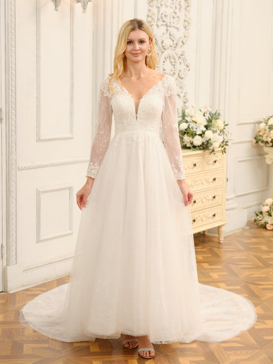 Model wearing a Weitese A-line Princess V-neck long lace wedding dress with appliques.