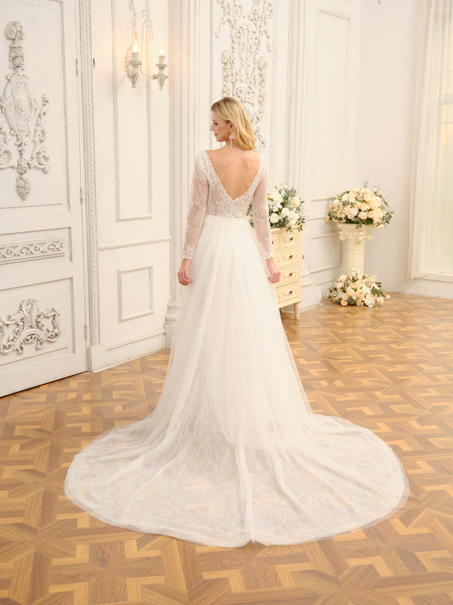 Side view of the Weitese A-line Princess V-neck long lace wedding dress, showing the train.