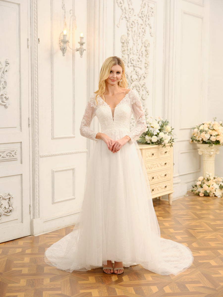 Back view of the Weitese A-line Princess V-neck long lace wedding dress with intricate lace details.