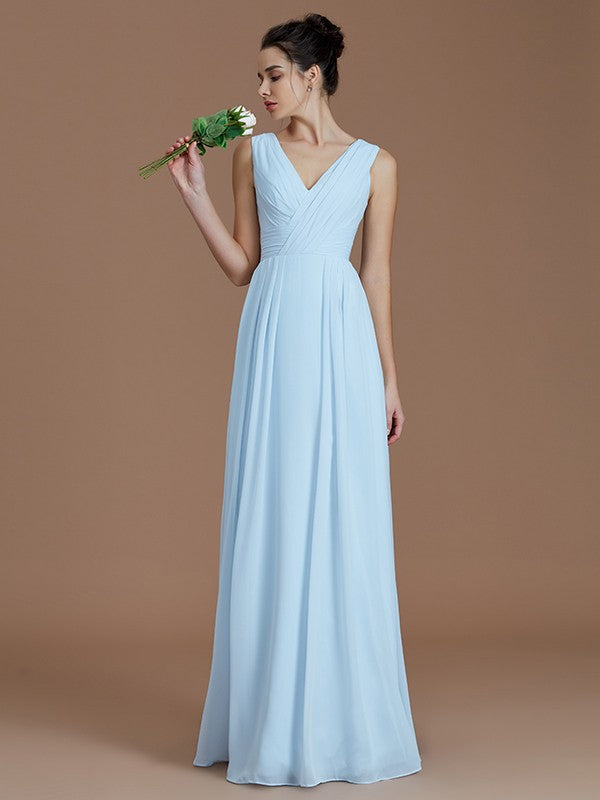 Elegant A-Line Princess V-neck Ruched Chiffon Floor-Length Bridesmaid Dress.