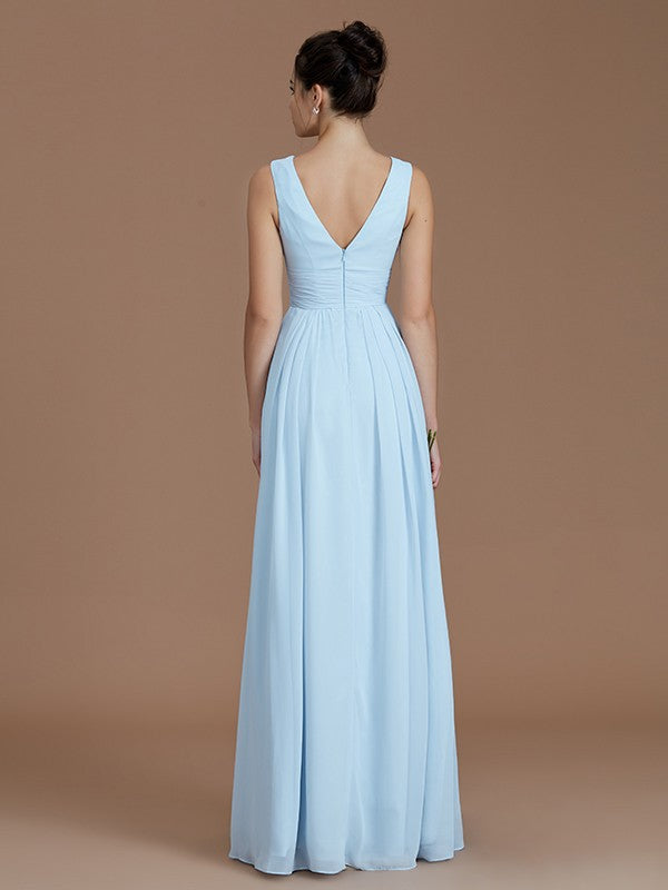 Side view of an A-Line V-neck Ruched Chiffon Bridesmaid Dress.