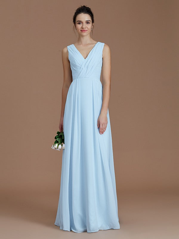 Back view of a Floor-Length Chiffon Bridesmaid Dress with ruched details.