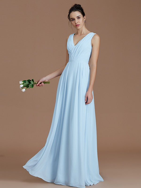 Close-up of the V-neck and ruched bodice on a Chiffon Bridesmaid Dress.