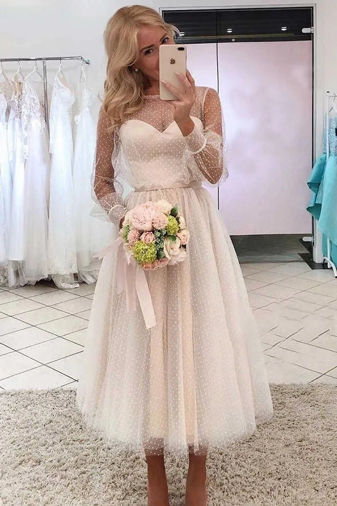 Elegant A-Line Round Neck Long Sleeve Dot Tulle Midi Bridesmaid Dress