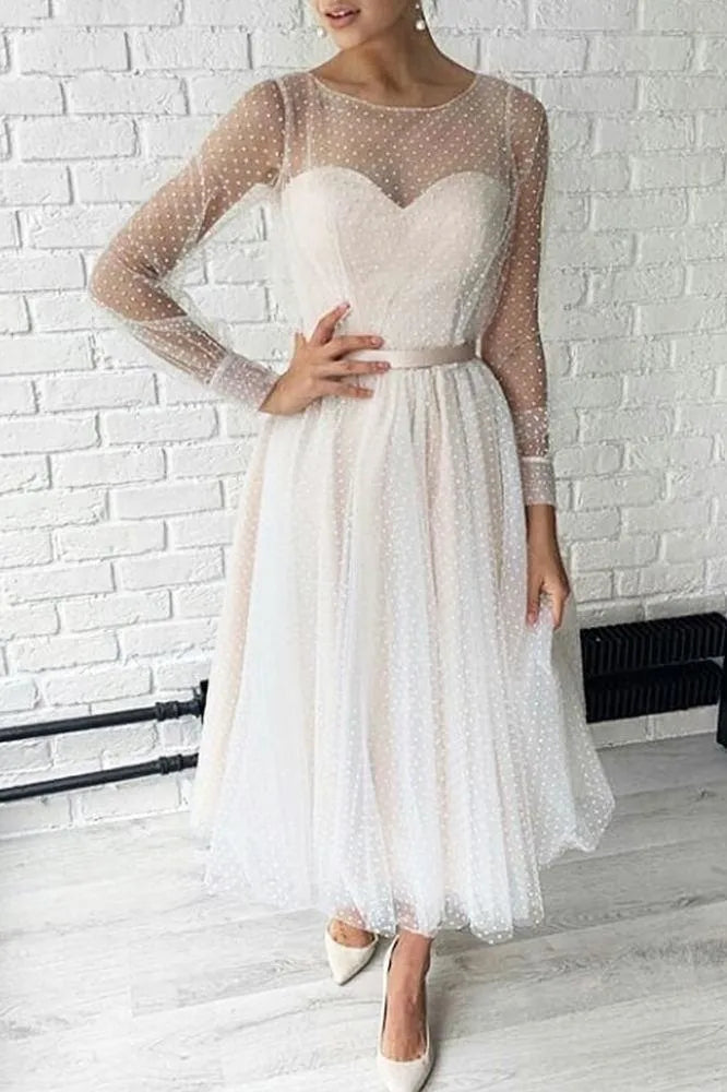 Elegant A-Line Round Neck Long Sleeve Dot Tulle Midi Bridesmaid Dress