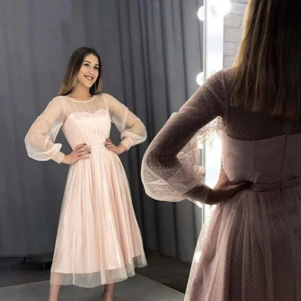 Elegant A-Line Round Neck Long Sleeve Dot Tulle Midi Bridesmaid Dress