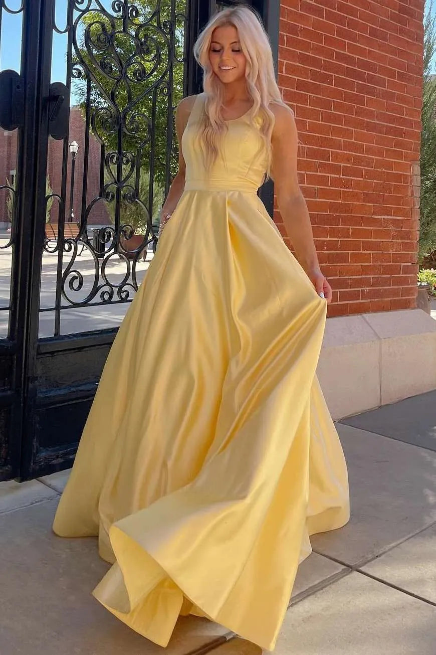 Elegant A-Line Round Neck Sleeveless Satin Maxi Prom Dress