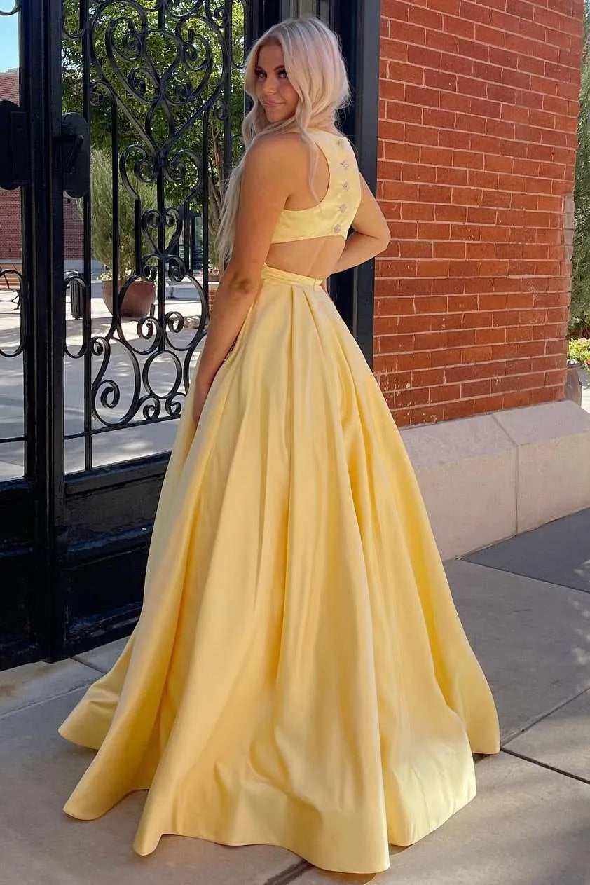 Elegant A-Line Round Neck Sleeveless Satin Maxi Prom Dress