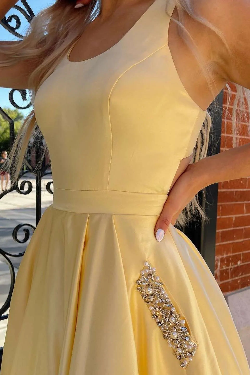 Elegant A-Line Round Neck Sleeveless Satin Maxi Prom Dress