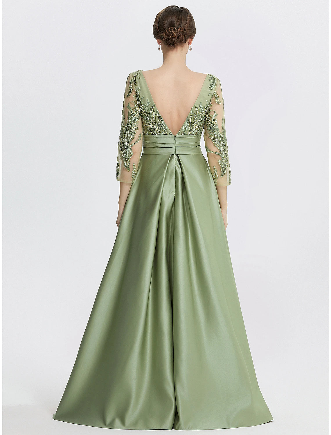 Side view of the Weitese A-line evening gown, highlighting the satin fabric and floor-length design.