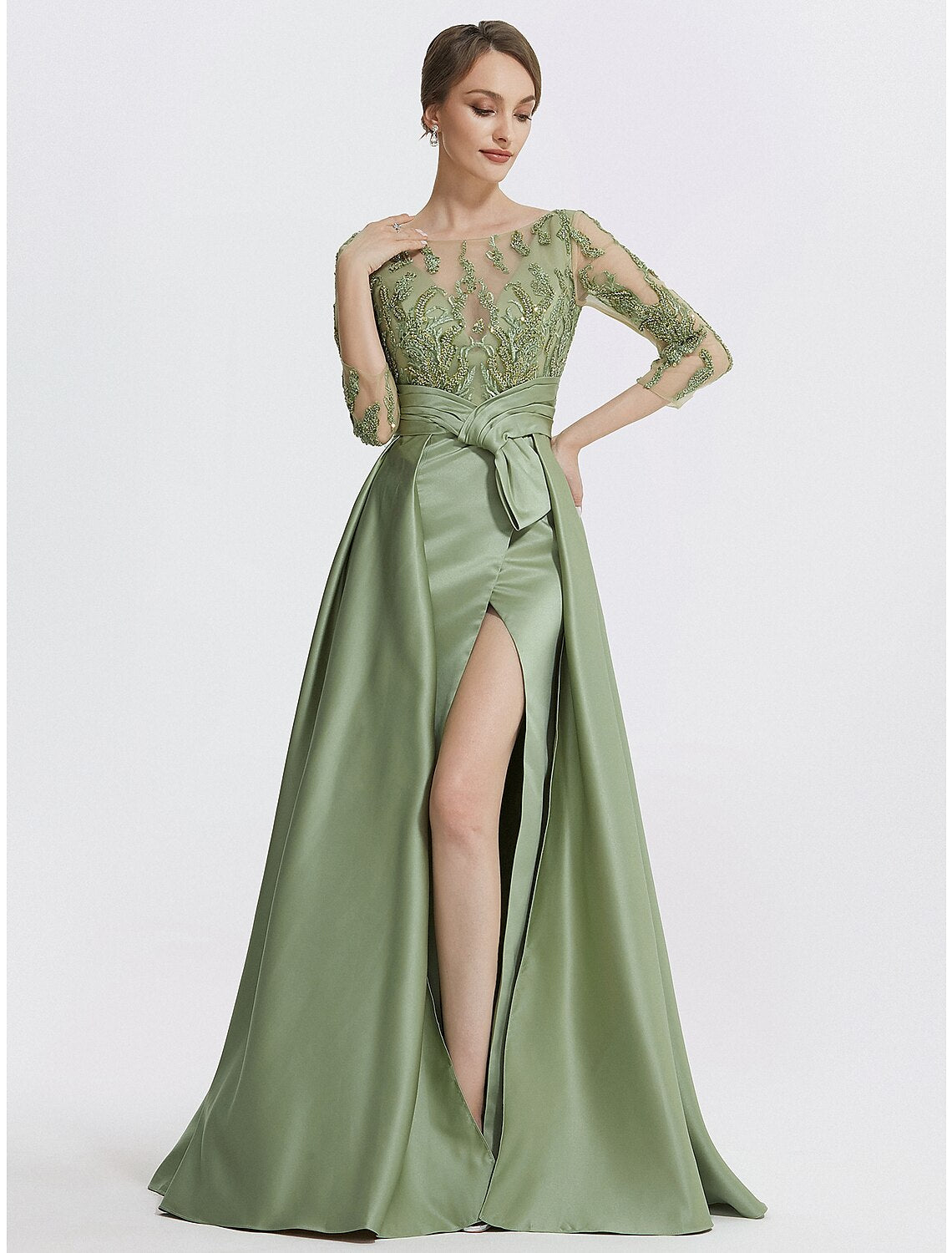 Back view of the elegant A-line satin gown, showing the graceful drape and overall silhouette.