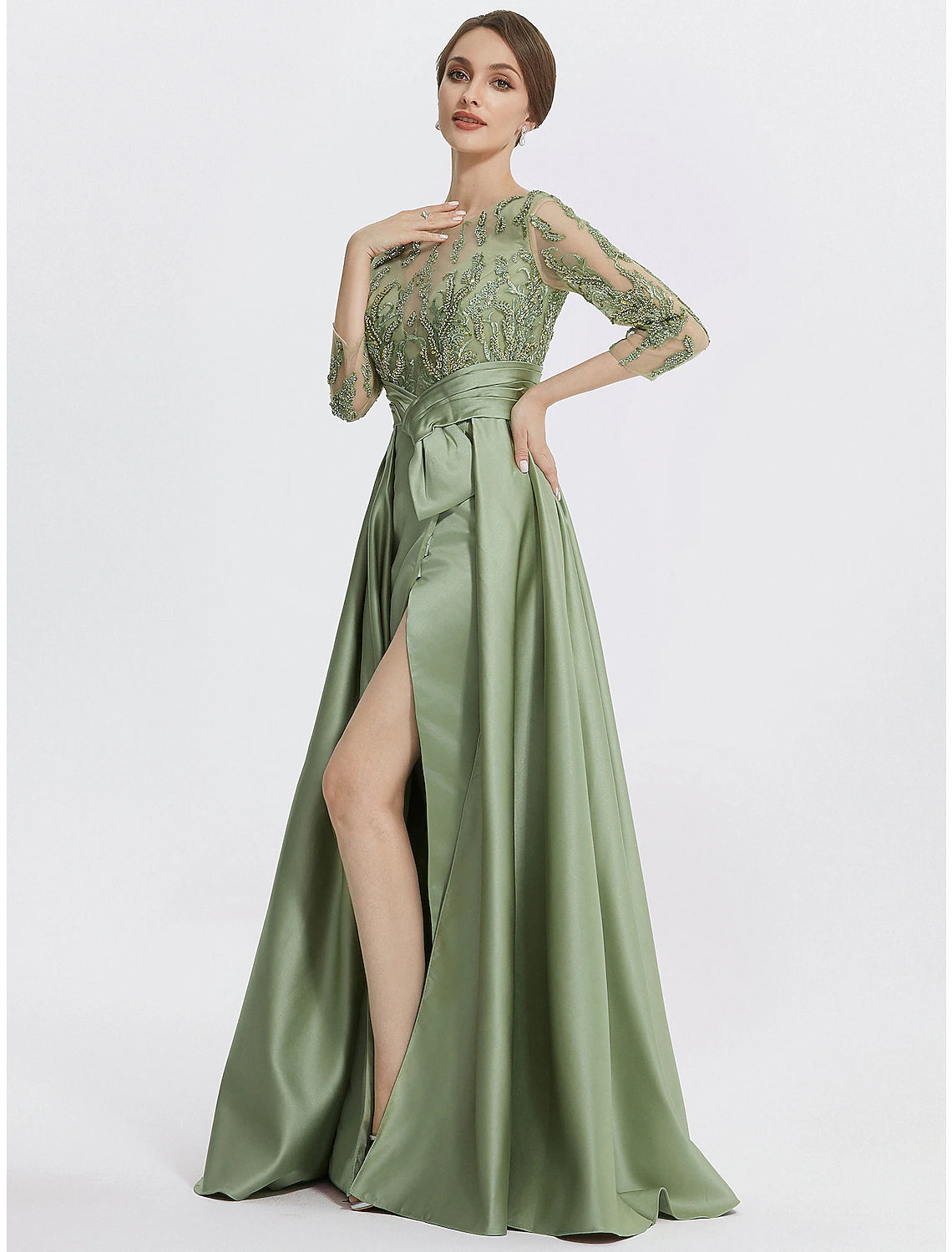 Detail shot of the stylish slit and intricate appliques on the Weitese formal dress.