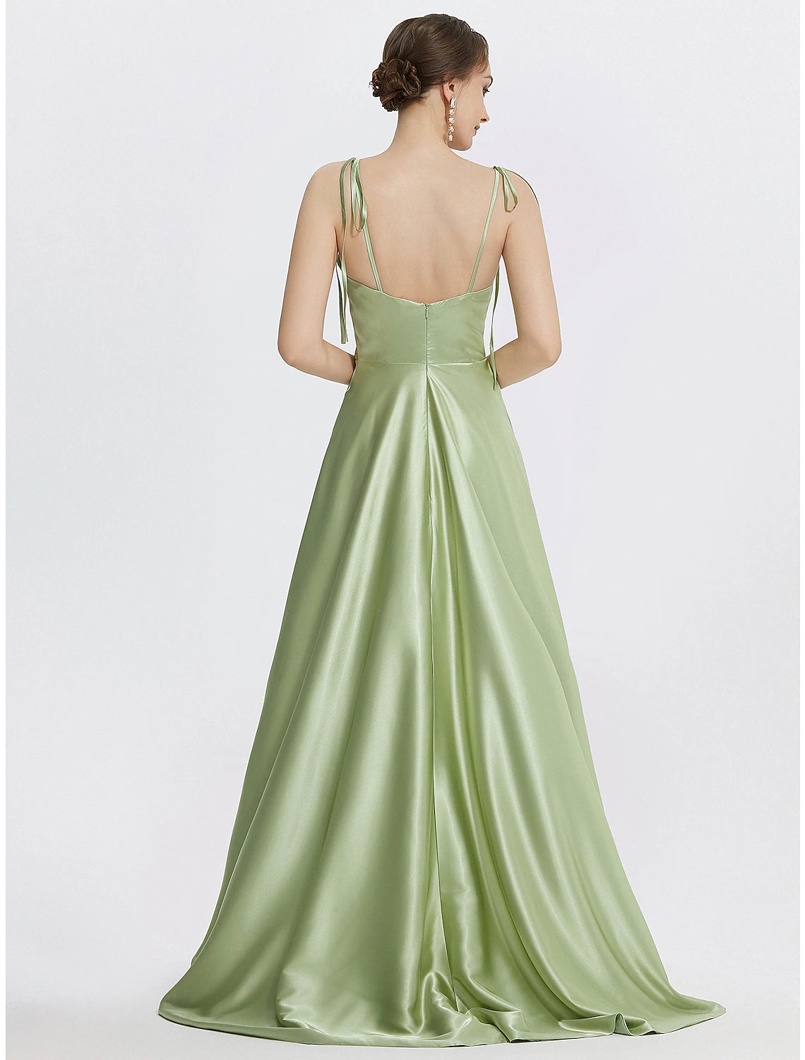 Back view of the A-line satin evening gown, showing the spaghetti straps.