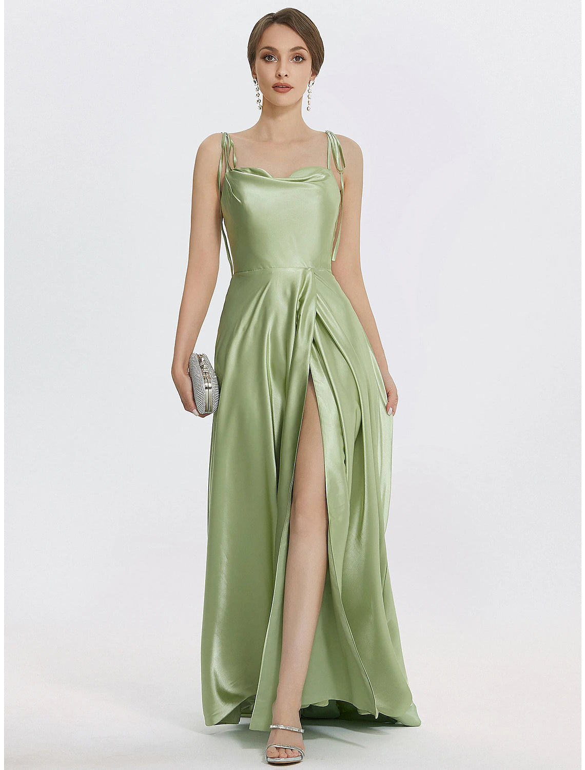 Side view of the elegant A-line satin dress, highlighting the floor-length design.