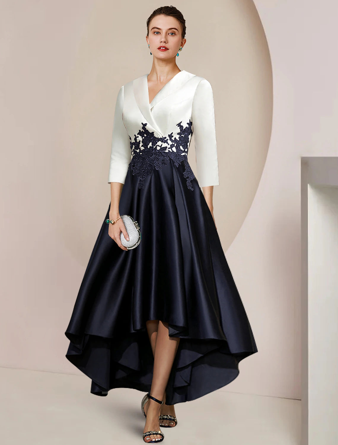Elegant A-Line Mother of the Bride dress with shirt collar and 3/4 sleeves.