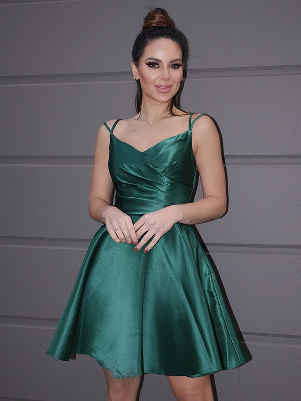 Close-up of ruched straps on Weitese A-line satin dress.