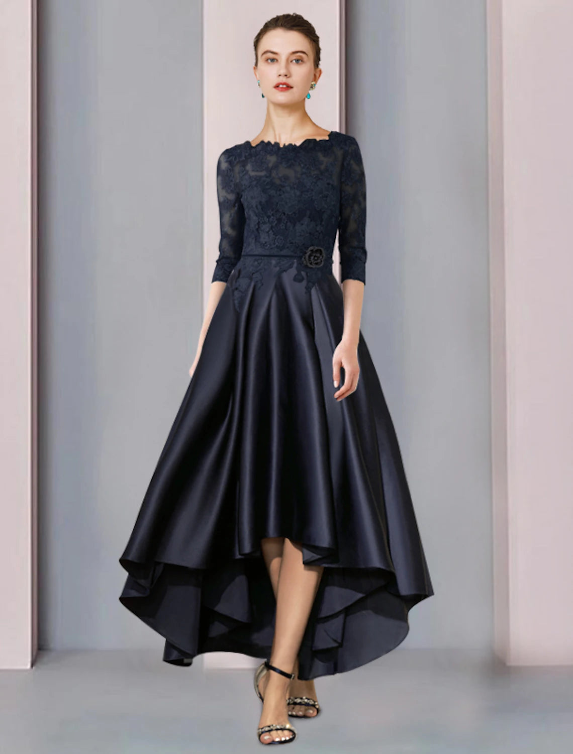 Woman wearing an elegant Weitese A-Line high-low tea length satin lace dress with 3/4 sleeves and scoop neck.