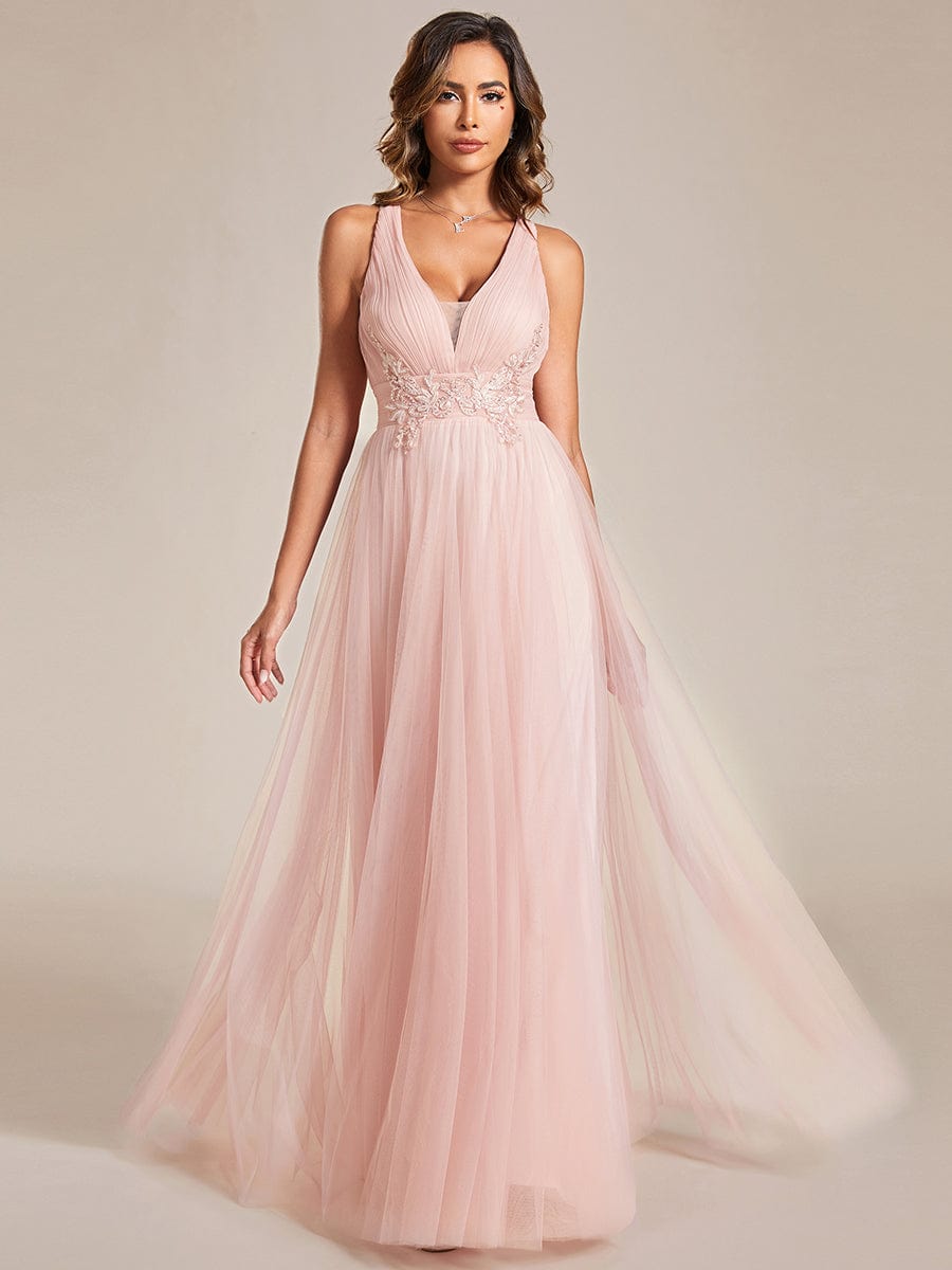 Weitese A-Line tulle bridesmaid dress in pink, featuring waist applique and scoop neck.
